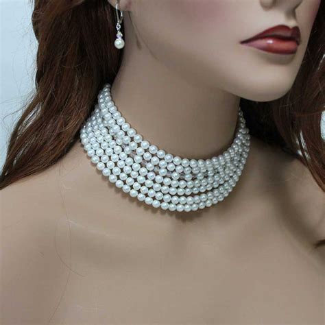 Pearl Choker Necklace, Multi Strand Bridal Statement Jewelry ...