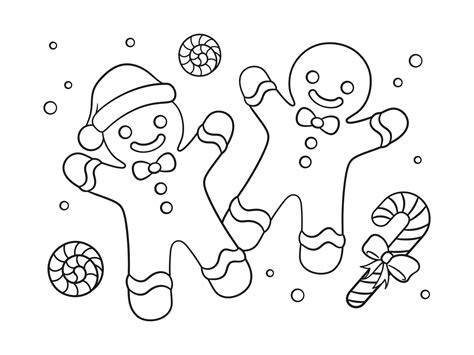 Gingerbread man cookies with peppermint and candy cane outline line art ...