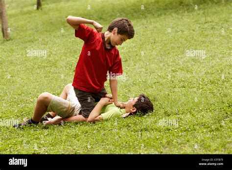 Two young brothers fighting and hitting on grass in park, with older boy sitting over the ...