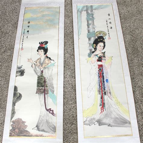 Japanese Watercolor Painting Scrolls, Pair Vintage Wall Hangings, 1960s Geisha Girls, Porcelain Rods