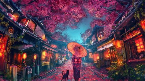 Anime Girl On Cherry Blossom Street Live Wallpaper - MoeWalls