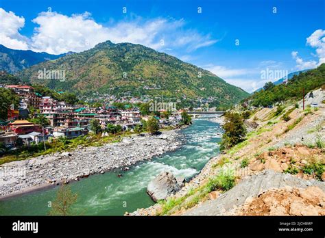 Beas river near Kullu town aerial panoramic landscape, Kullu valley in Himachal Pradesh state in ...