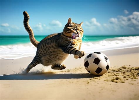 Premium Photo | A cat playing with a soccer ball on a beach