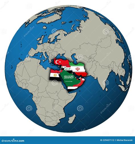 Territory of Middle East Region with Country Flags Over Globe Map Stock Illustration ...