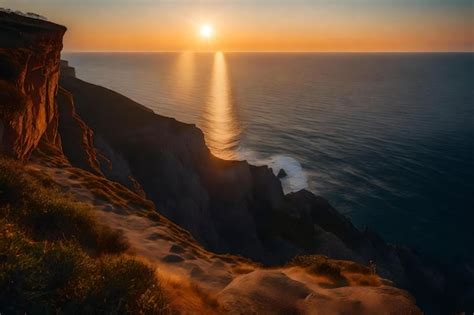 Premium AI Image | Sunset on a cliff with the ocean in the background