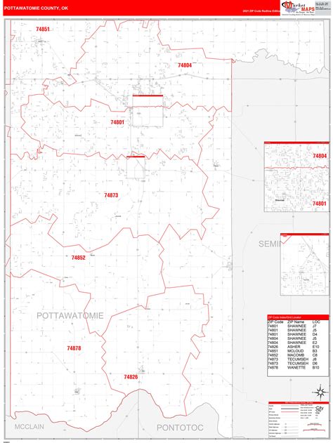 Pottawatomie County, OK Zip Code Wall Map Red Line Style by MarketMAPS - MapSales