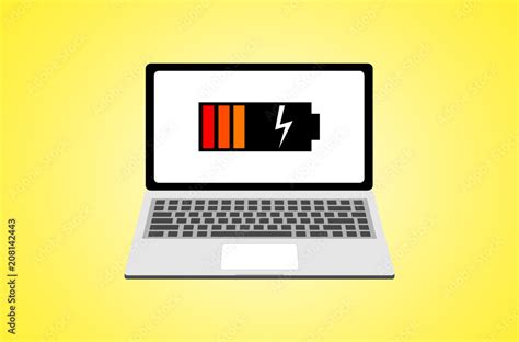 The laptop with an icon of the low battery on the screen on a yellow background Stock Vector ...