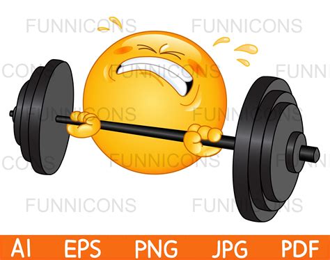 Weightlifter Emoji Lifting Barbell and Sweating, Vector clipart stock.