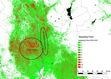 Map showing flood risk area during the eleven years gap from 2004-2020 ...