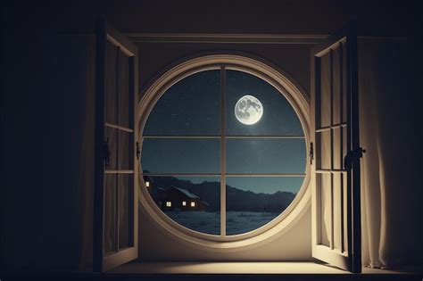 Premium Photo | View from room with open window night sky with moon and stars