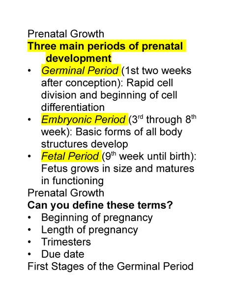 Prenatal development - Prenatal Growth Three main periods of prenatal development Germinal ...