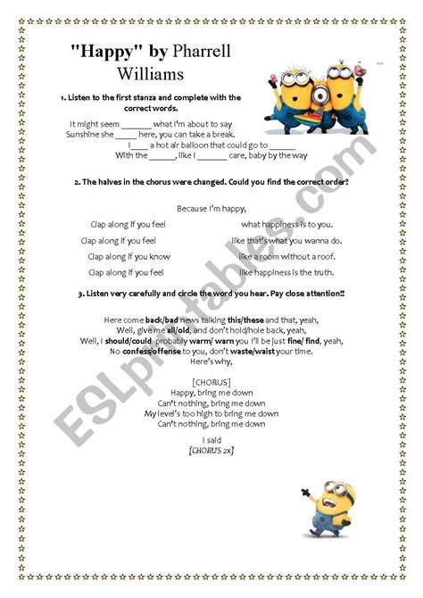 Happy by Pharrell Williams - ESL worksheet by solsis33