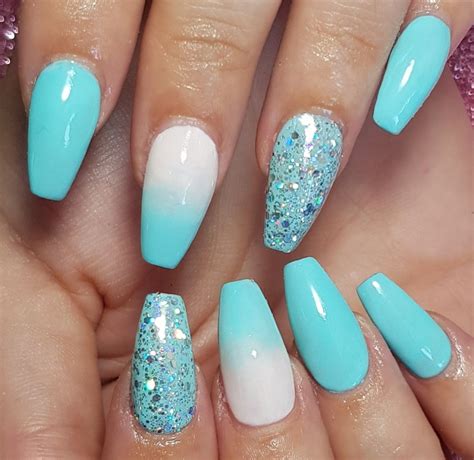 Aqua blue and white ombre with glitter on acrylic sculpted nails | Turquoise nails, Aqua nails ...