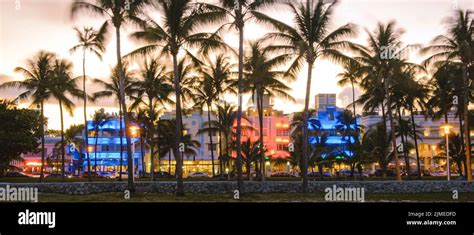 Miami Beach, colorful Art Deco District at night. Miami Beach Ocean Drive hotels and restaurants ...