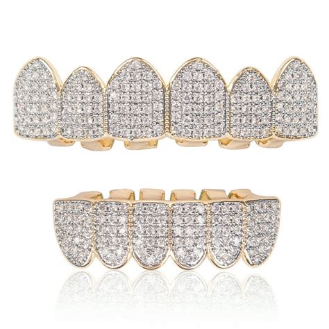 TQS - 18K Gold Plated Diamond Hip Hop Teeth Grillz Top Bottom Mouth ...