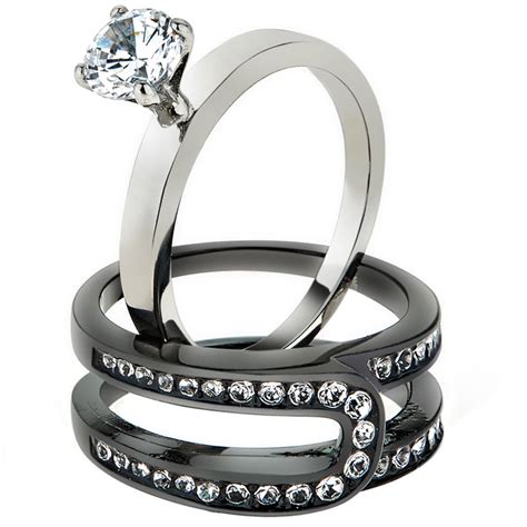 ARTK2303 Stainless Steel Silver & Black Women's AAA CZ Wedding Ring ...