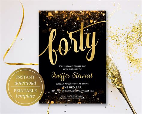 40th Birthday Invitation Printable Forty Birthday Invitation Template Gold Birthday Invitation ...