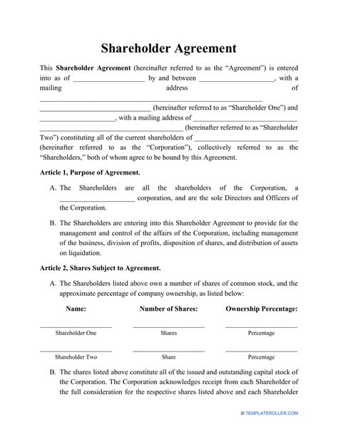 Shareholder Agreement Template - Fill Out, Sign Online and Download PDF ...