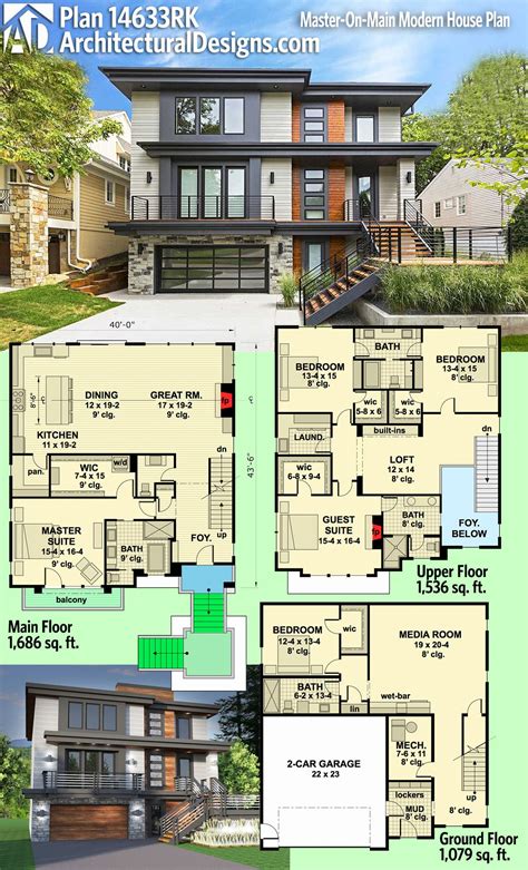 Plan 14633RK: Master-On-Main Modern House Plan | Town house floor plan, Sims house plans, Modern ...