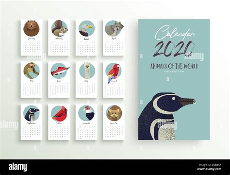 2020 calendar template, new year planner layout with wild animal cartoon on isolated white ...