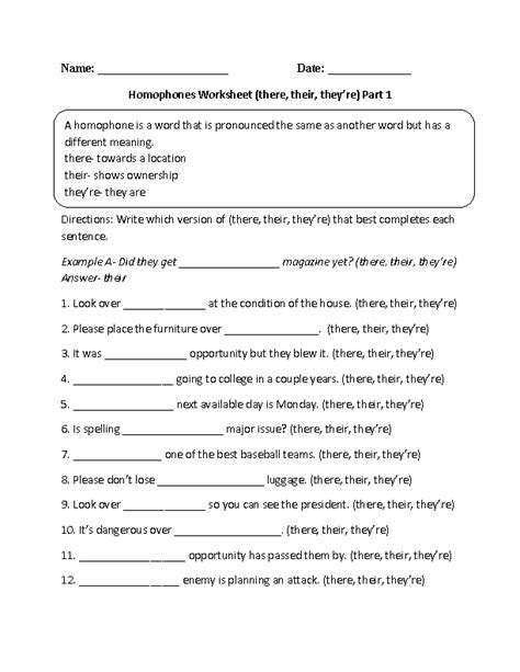 Homophones Worksheets | there, they're or their Homophones Worksheet