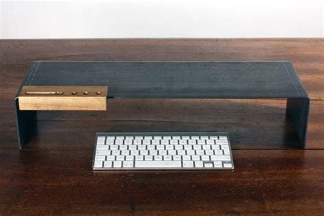 The Handmade Metal Monitor Stand with Integrated Wooden iPhone Dock | Gadgetsin