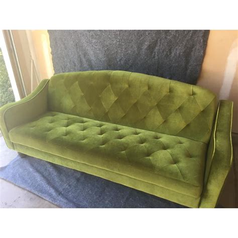 Anthropologie Green Velvet Tufted Convertible Sofa | Chairish