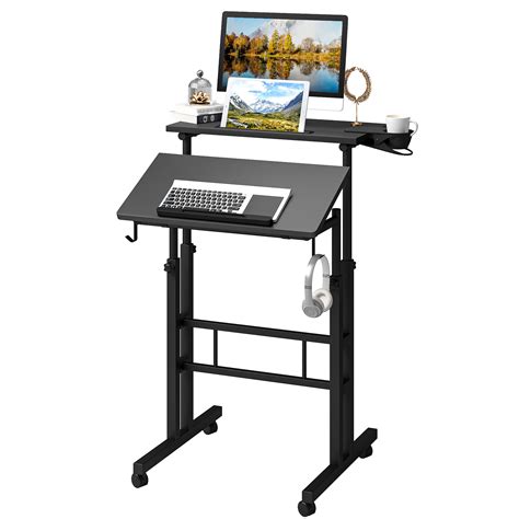 Klvied Mobile Standing Desk with Cup Holder, Portable Stand Up Desk, Adjustable Height Small ...