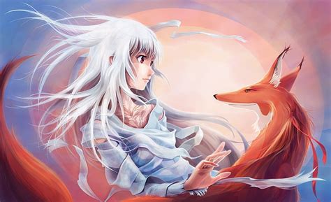 3840x2160px | free download | HD wallpaper: Fox Art, white haired anime girl and red fox ...