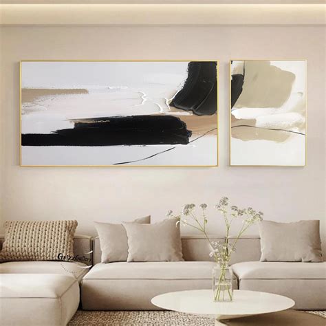 Set of 2 Minimalist Abstract Paintings Black and White Abstract Texture ...