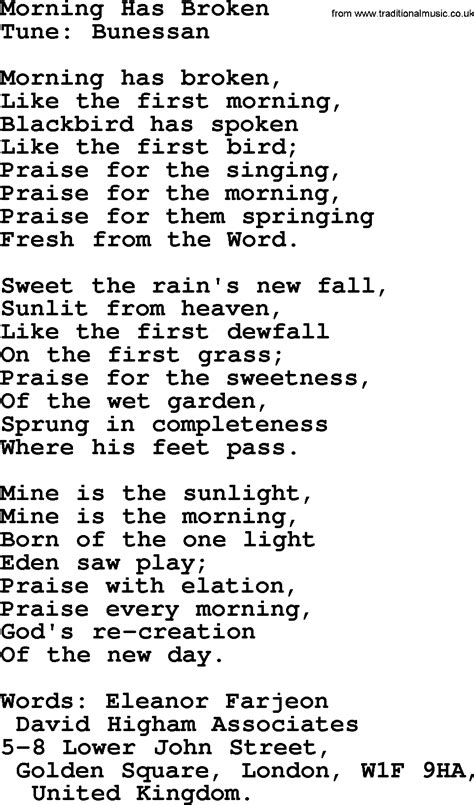 Hymns for Confirmation services, title: Morning Has Broken - lyrics with PDF