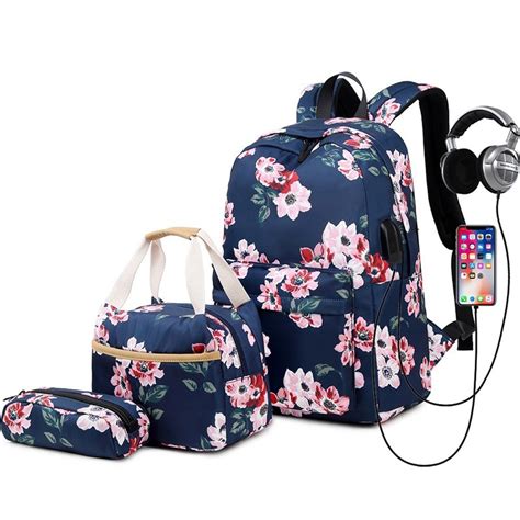 College Backpack Set with USB Charging Port for High School Floral ...