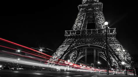 Black And White Picture Of Paris Eiffel Tower And Red Lights On Road ...