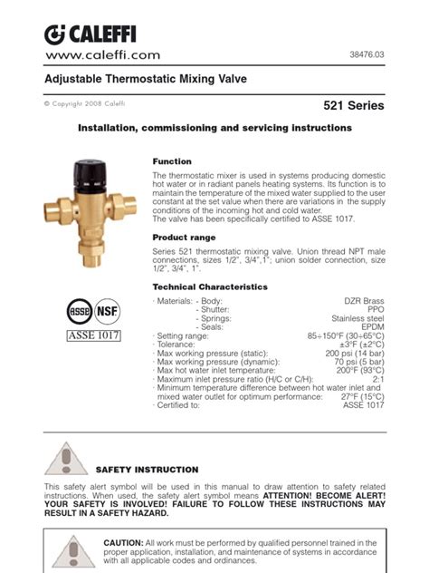 Caleffi 3-Way Mixing Valves 521 Installation Manual | Valve | Water Heating