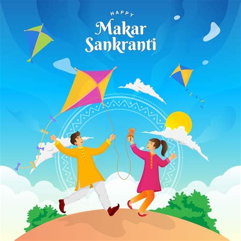 Premium Vector | Happy makar sankranti greeting card. indian boy and ...