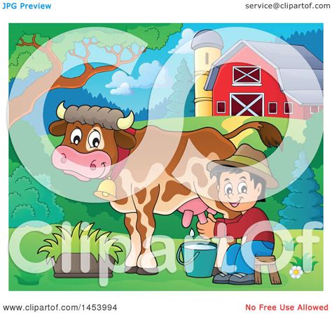 Clipart of a Happy Farmer Boy Milking a Cow in a Barnyard - Royalty Free Vector Illustration by ...