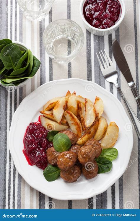 Swedish Meatballs with Potatoes and Lingon Jam Stock Image - Image of ...