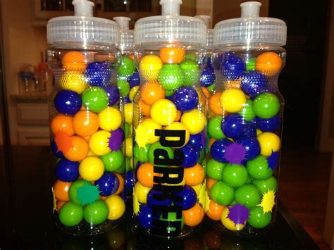 Paintball party favors! Sports water bottle with name and paint splatters filled with gum balls ...