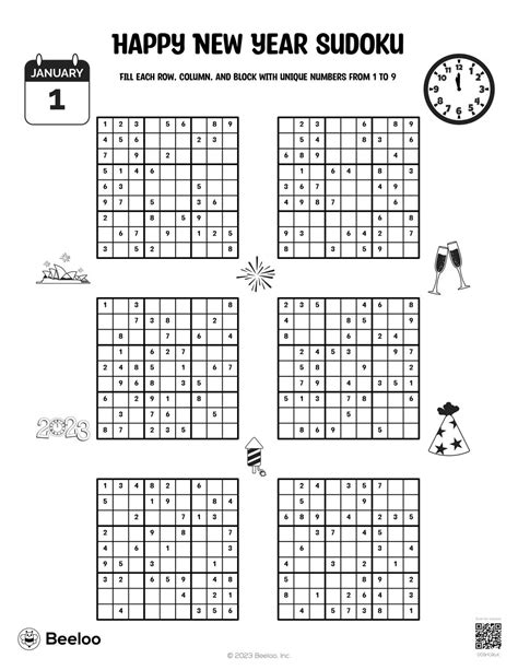 Happy New Year Sudoku • Beeloo Printable Crafts and Activities for Kids