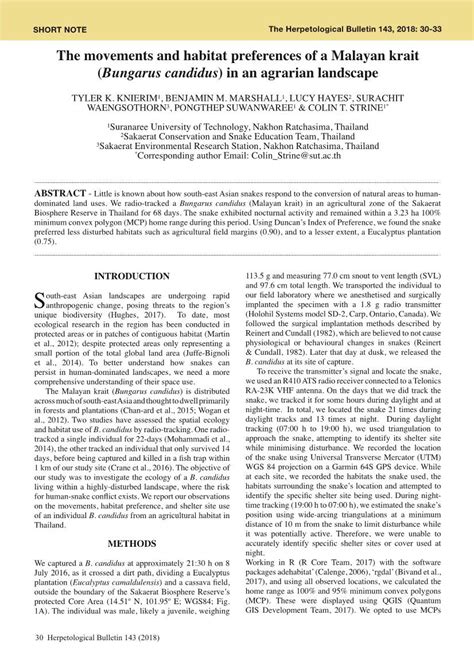 The Movements and Habitat Preferences of a Malayan Krait (Bungarus Candidus) in an Agrarian ...