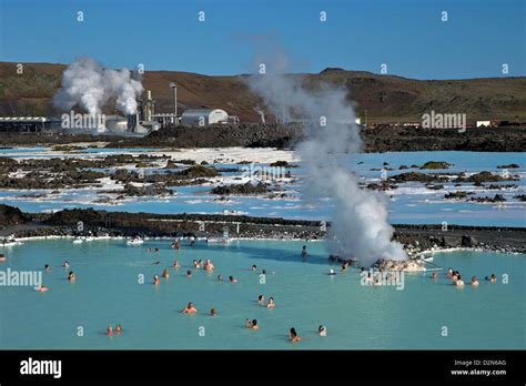 Outdoor geothermal swimming pool and power plant at the Blue Lagoon ...