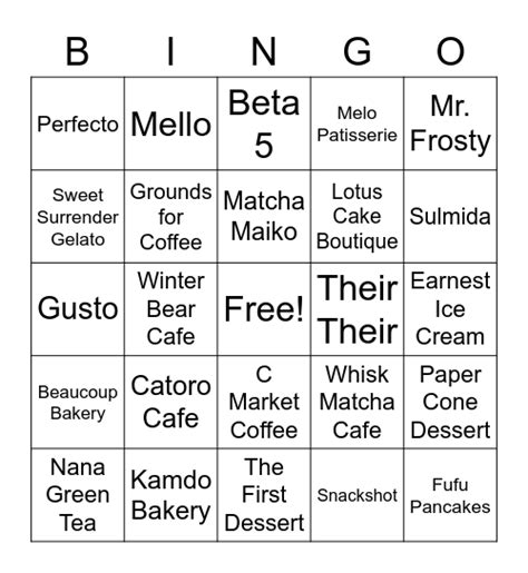 Desserts / Cafes Bingo Card