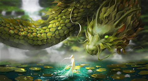 Dragón verde, arte, fantasía, verde, dragón, niña, mini, gigante, ngoc tran, luminos fondo de ...