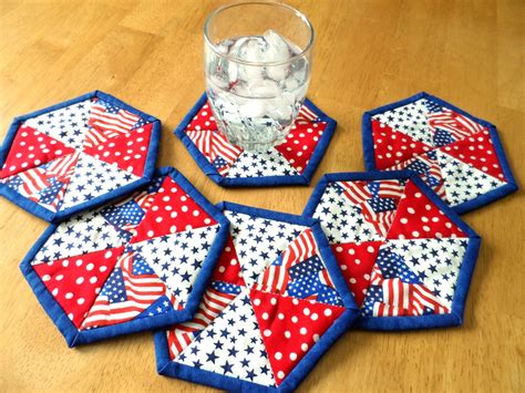 Patriotic coasters, quilted coasters, set of 6, hexagon coasters, American flag coasters, red ...