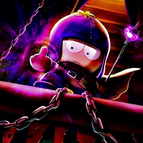 the cartoon character is chained to chains and holding a purple light in his hand,