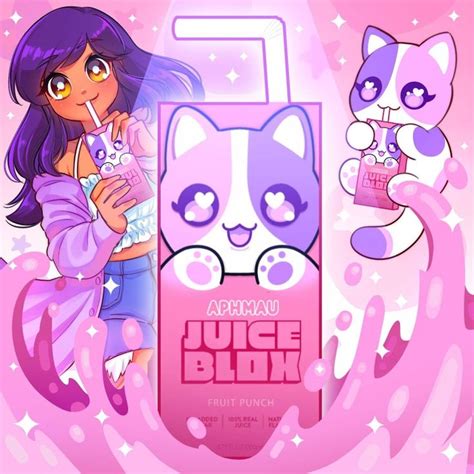 an anime character with purple hair holding a pink juice bottle and two cats behind her