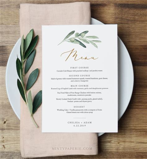 Wedding Menu Card Template Watercolor Olive Greenery & Gold | Etsy