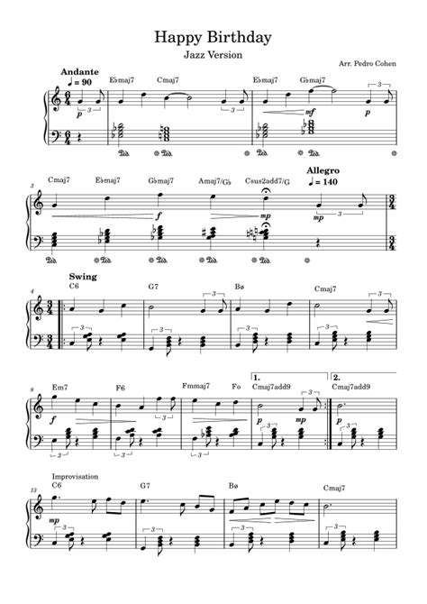 Happy Birthday - Jazz Version (arr. Pedro Cohen) by Patty Hill Sheet Music for Piano Solo at ...