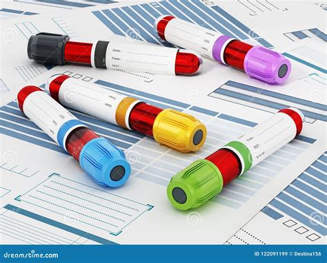 Blood Vials with Vibrant Colored Lids Standing on Medical Forms. 3D Illustration Stock ...