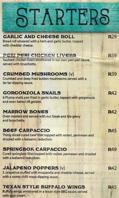 Menu at Steak & Ale restaurant, Umhlanga